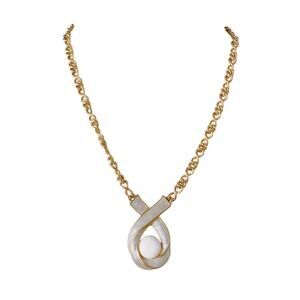 VTG Signed Trifari Modernist Enamel Ribbon Pendant Necklace, Gold Tone Chain